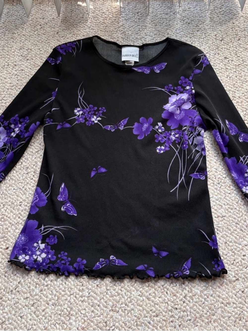 Fashion Bug Black & Purple Floral Long-Sleeve Top Womens Medium